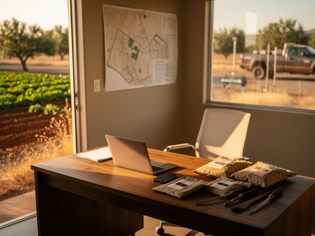 A small farm office with a wooden desk, a laptop, a phone, soil sample bags and a field map on the wall, nobody in focus