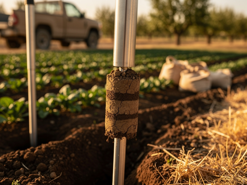 Close-up of a stainless soil probe pulling a core of layered brown soil from a crop field.