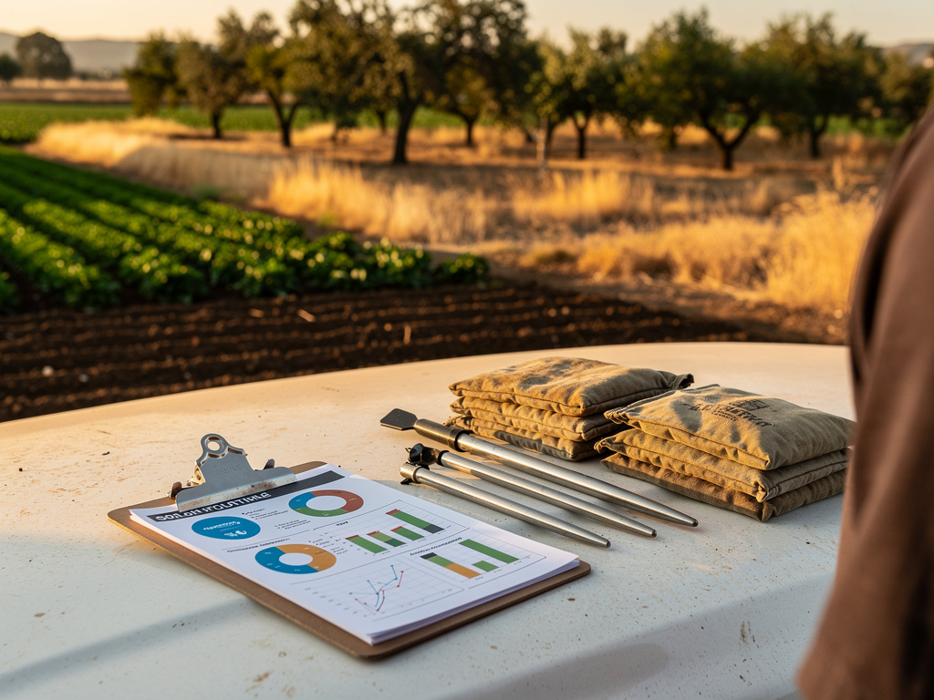 A clipboard with a printed soil report and colored charts on a truck hood, face blurred out of frame, field behind.