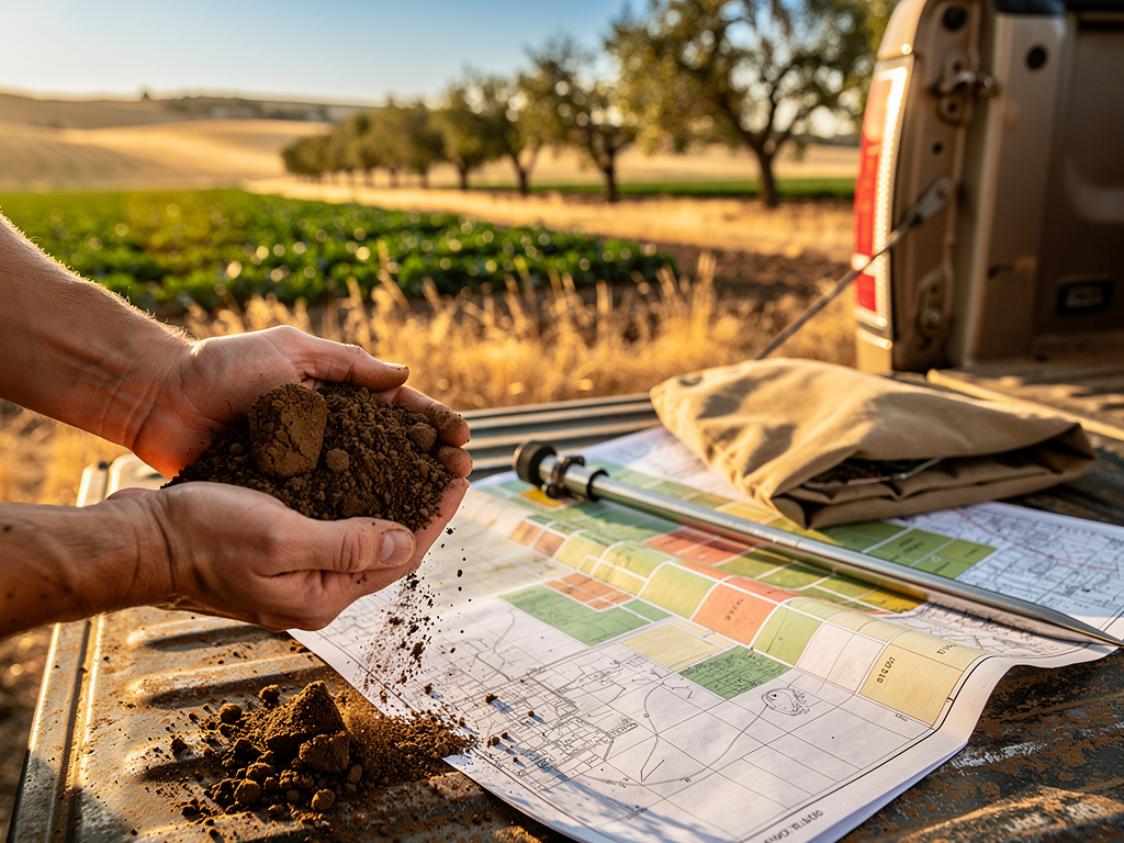Hands holding a crumbly handful of dark soil next to an annotated field map on a tailgate.