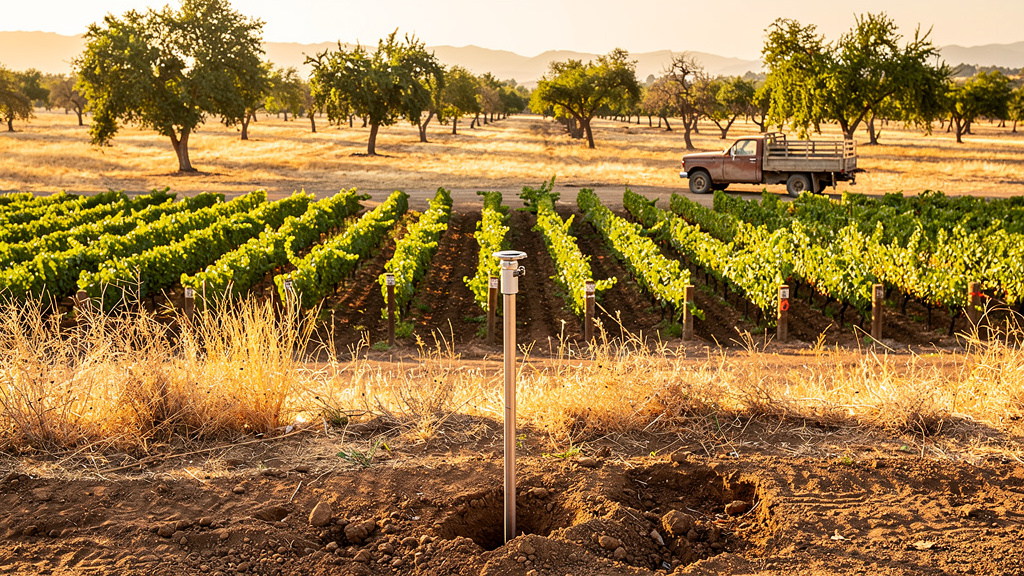 Wide view of neat green vineyard rows over brown soil under warm late-afternoon light, a soil probe standing in the fore