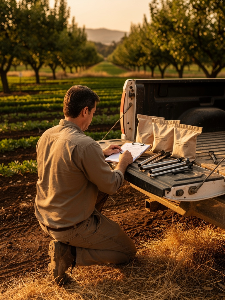 A field technician seen from behind, kneeling between orchard rows and labeling soil sample bags on the tailgate of a wo
